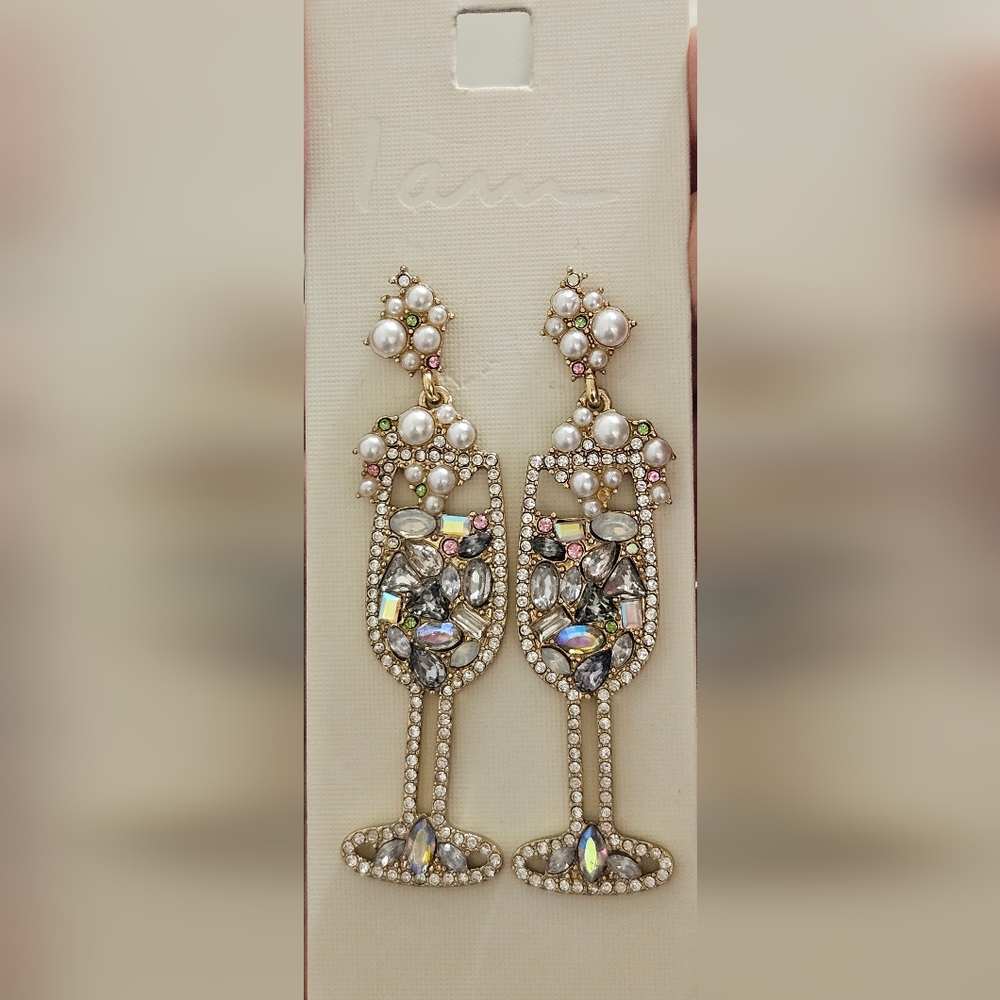 I AM SPARKLY RHINESTONES FAUX PEARLS CHAMPAGNE GLASS CELEBRATION POST EARRINGS